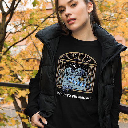 Woman wearing a Black Climb Into Dreamland Long Sleeve Tee featuring a mesmerizing mountain view graphic on the chest - Cool Nature Long Sleeve Graphic Tees - Boozy Fox
