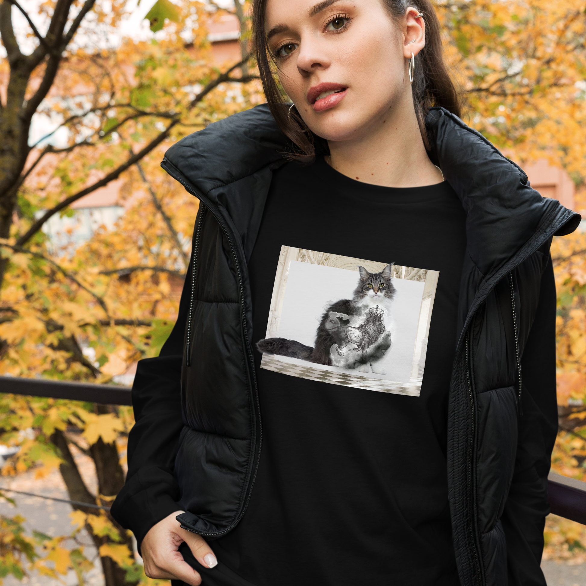 Woman wearing a Black Royal Cat Long Sleeve Tee featuring a Majestic Cat graphic on the chest - Cute Cat Long Sleeve Graphic Tees - Boozy Fox