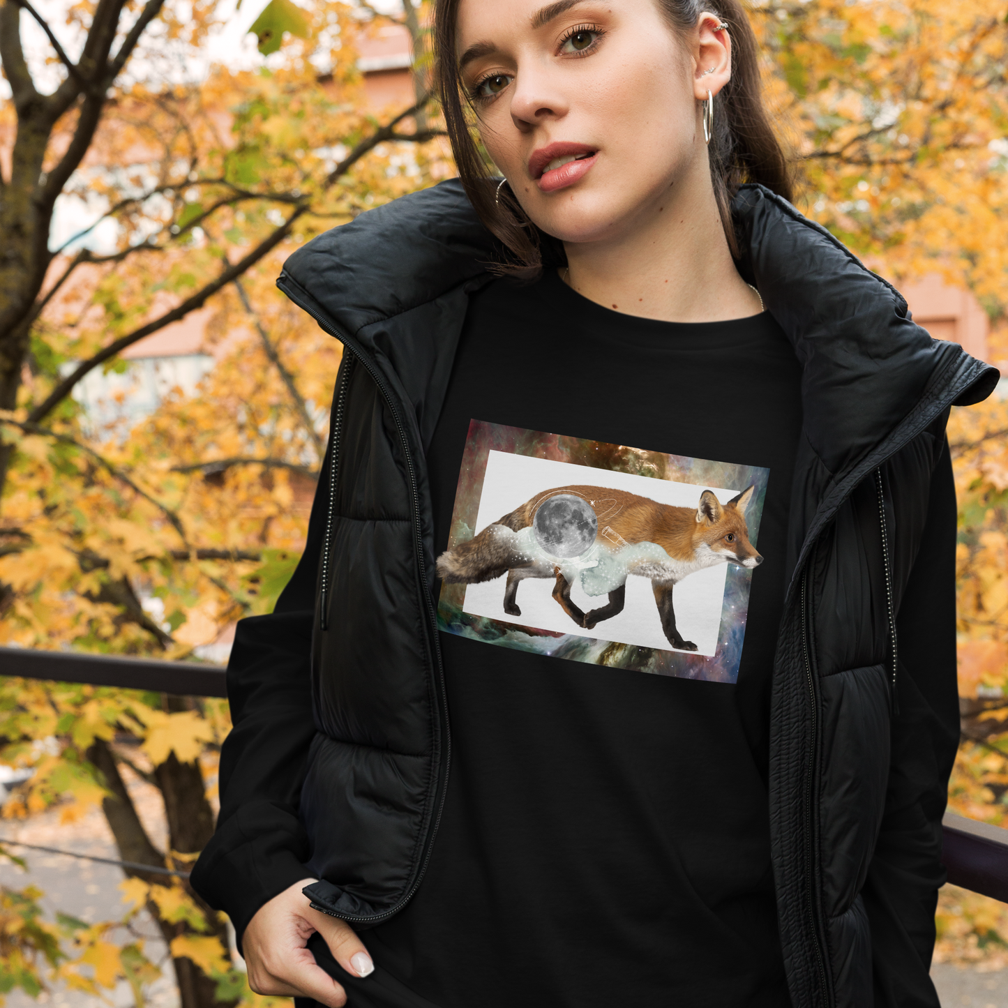 Woman wearing a Black Fox Long Sleeve Tee featuring a mesmerizing Space Fox graphic on the chest - Cool Fox Long Sleeve Graphic Tees - Boozy Fox