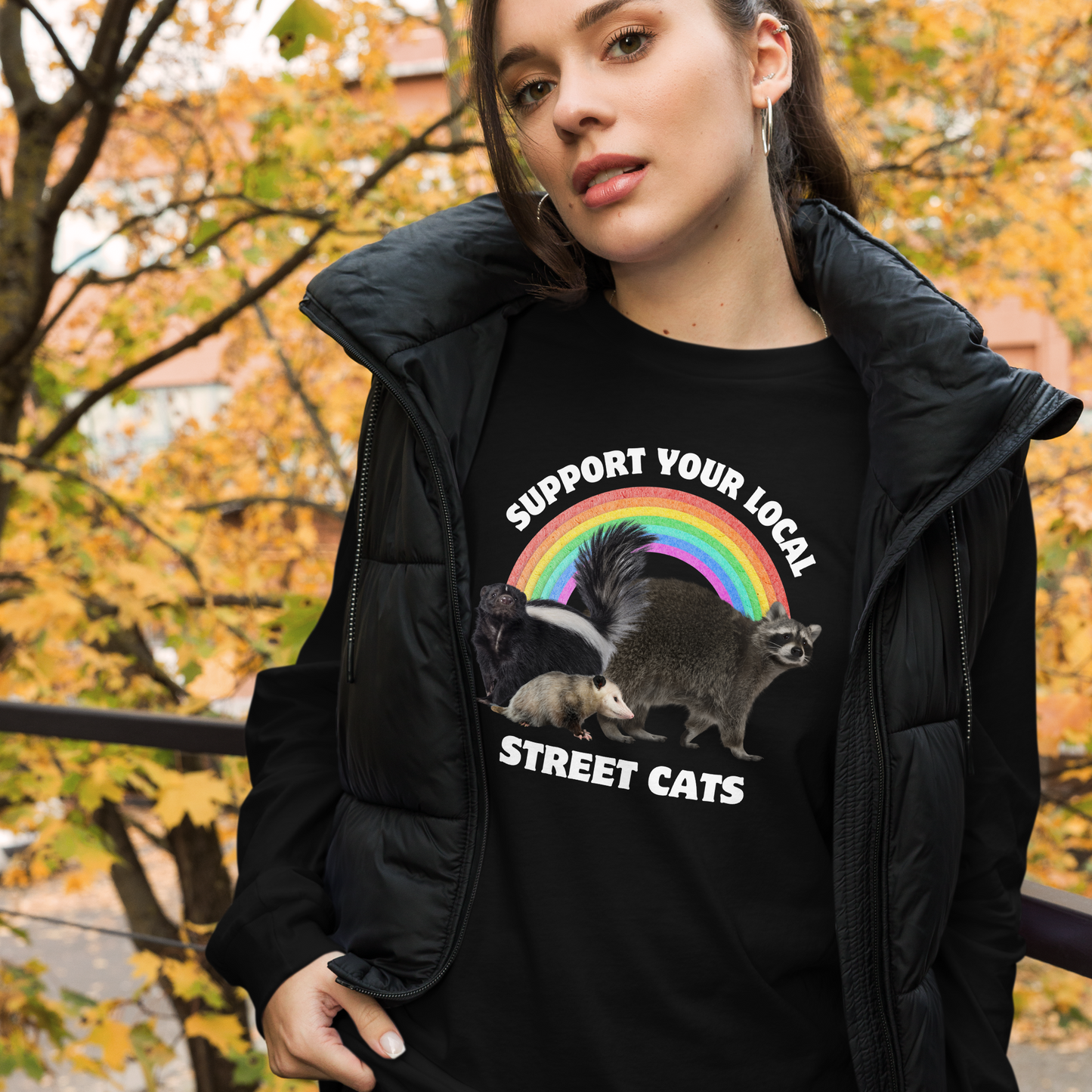 Woman wearing a Black Support Your Local Street Cats Long Sleeve Tee - Boozy Fox