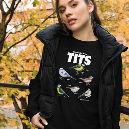 Woman wearing a Black Tit Long Sleeve Tee featuring a funny Stop Staring At My Tits graphic on the chest - Funny Tit Bird Long Sleeve Graphic Tees - Boozy Fox