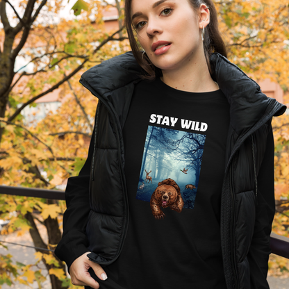 Woman wearing a Black Bear Long Sleeve Tee featuring a Stay Wild graphic on the chest - Cool Bear Long Sleeve Graphic Tees - Boozy Fox