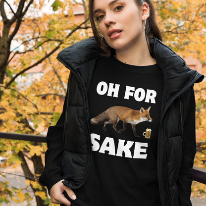 Woman wearing a Black Fox Long Sleeve Tee featuring a Oh For Fox Sake graphic on the chest - Funny Fox Long Sleeve Graphic Tees - Boozy Fox