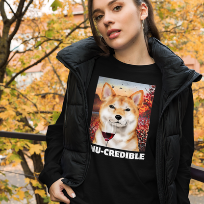 Woman wearing a Funny Shiba Inu graphic long sleeve tee in black by Boozy Fox