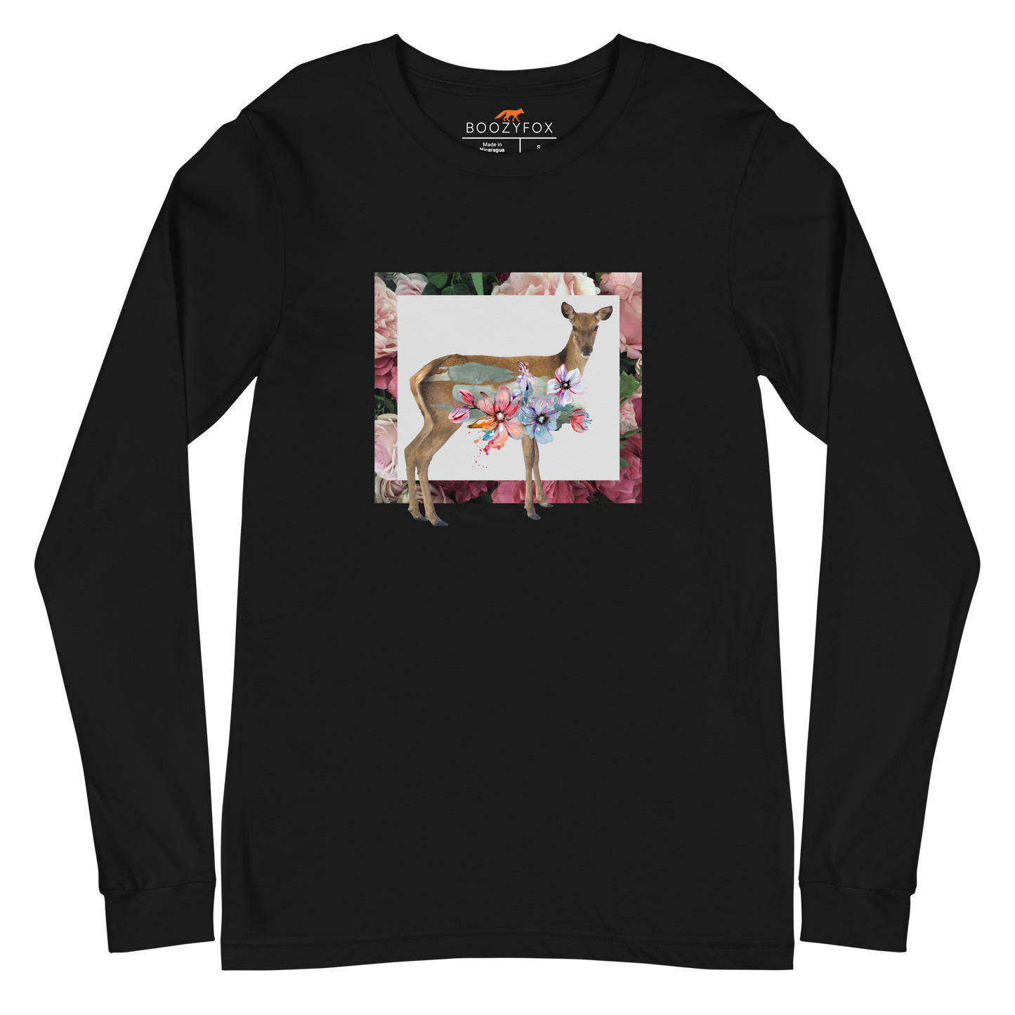 Black Deer Long Sleeve Tee featuring a captivating Floral Deer graphic on the chest - Cute Deer Long Sleeve Graphic Tees - Boozy Fox