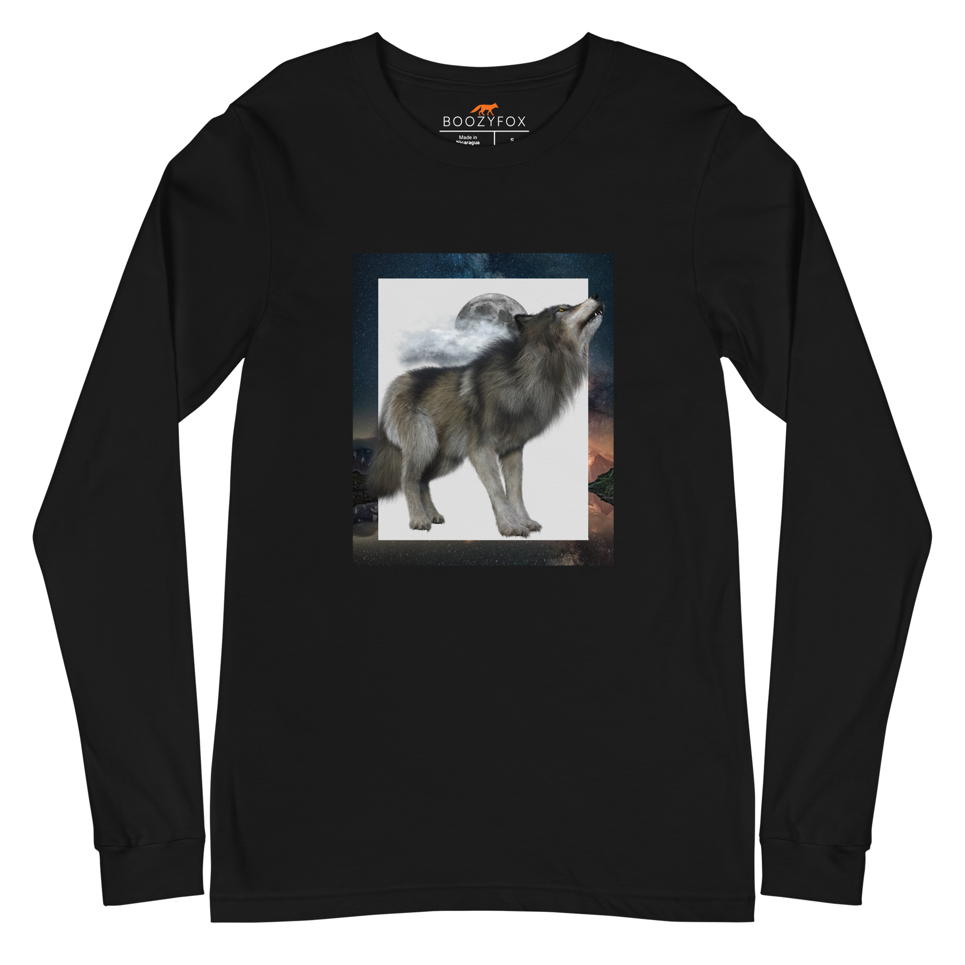 Black Wolf Long Sleeve Tee featuring a fierce Howling Wolf graphic on the chest - Cool Wolf Long Sleeve Graphic Tees - Boozy Fox