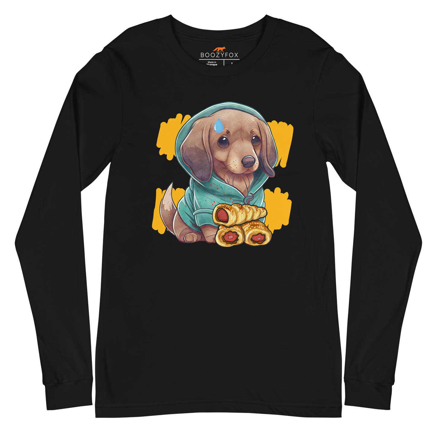 Black Sausage Dog Long Sleeve Tee featuring a charming Sausage Roll Dachshund graphic on the chest - Cute Sausage Dog Long Sleeve Graphic Tees - Boozy Fox