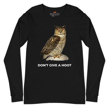 Black Owl Long Sleeve Tee featuring a captivating Don't Give A Hoot graphic on the chest - Funny Owl Long Sleeve Graphic Tees - Boozy Fox