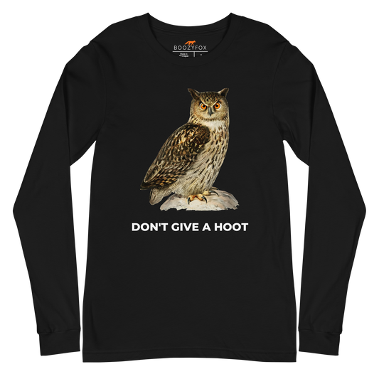 Black Owl Long Sleeve Tee featuring a captivating Don't Give A Hoot graphic on the chest - Funny Owl Long Sleeve Graphic Tees - Boozy Fox