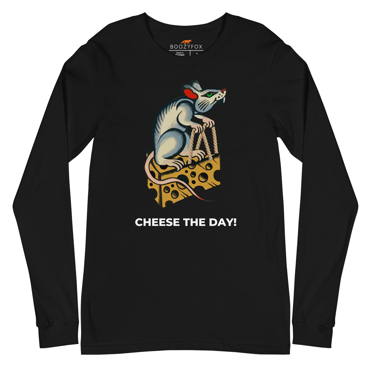 Black Rat Long Sleeve Tee featuring a hilarious Cheese The Day graphic on the chest - Funny Rat Long Sleeve Graphic Tees - Boozy Fox