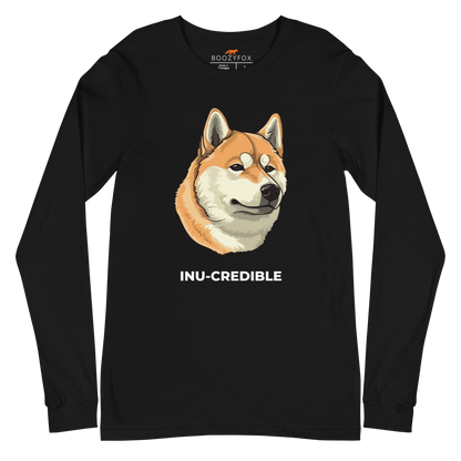 Black Shiba Inu Long Sleeve Tee featuring the Inu-Credible graphic on the chest - Funny Shiba Inu Long Sleeve Graphic Tees - Boozy Fox