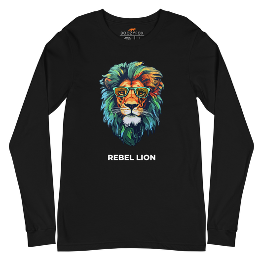 Black Lion Long Sleeve Tee featuring a bold Rebel Lion graphic on the chest - Cool Lion Long Sleeve Graphic Tees - Boozy Fox