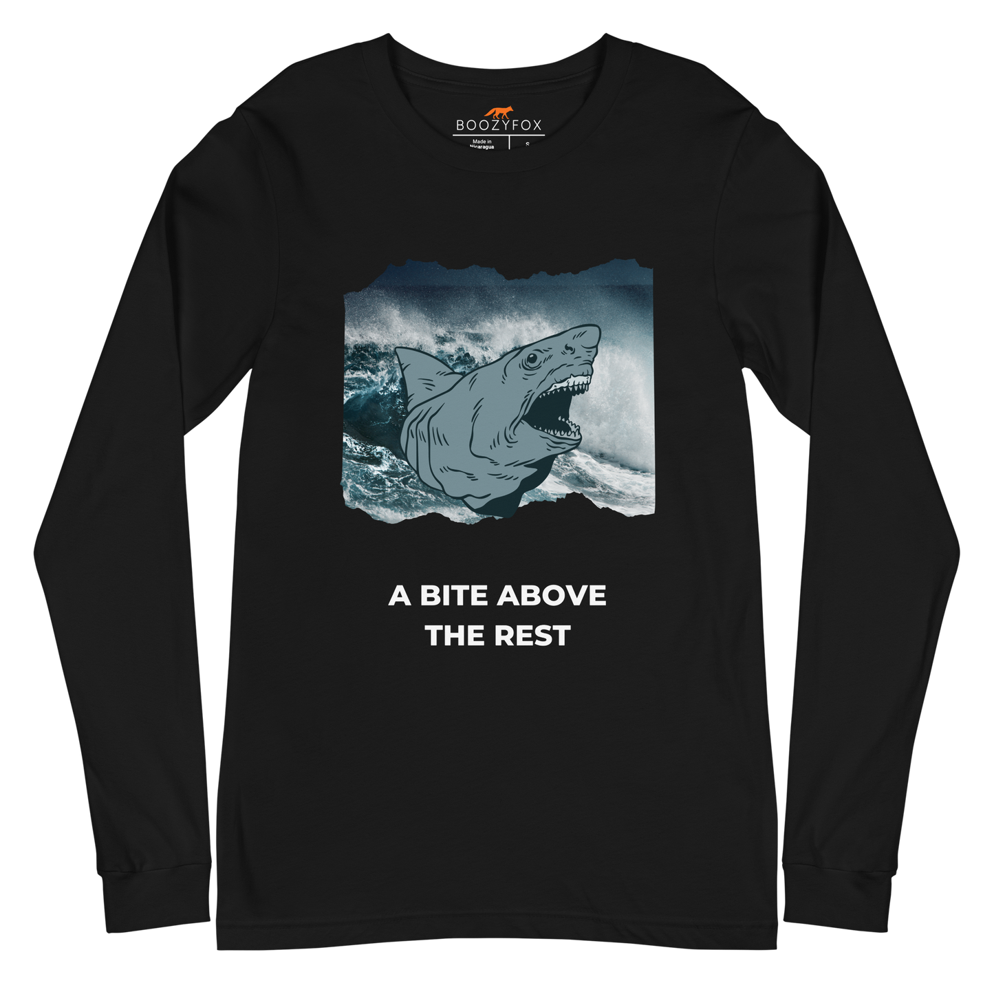 Black Megalodon Long Sleeve Tee featuring A Bite Above the Rest graphic on the chest - Funny Megalodon Long Sleeve Graphic Tees - Boozy Fox