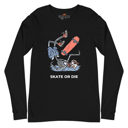 Black Skate or Die Long Sleeve Tee featuring a daring Skeleton Falling While Skateboarding graphic on the chest - Cool Skeleton Long Sleeve Graphic Tees - Boozy Fox