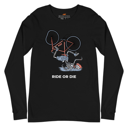 Black Ride or Die Long Sleeve Tee featuring a bold Skeleton Falling While Riding a Bicycle graphic on the chest - Funny Skeleton Long Sleeve Graphic Tees - Boozy Fox