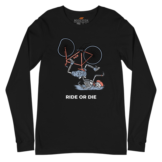 Black Ride or Die Long Sleeve Tee featuring a bold Skeleton Falling While Riding a Bicycle graphic on the chest - Funny Skeleton Long Sleeve Graphic Tees - Boozy Fox