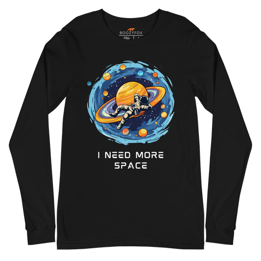 Black Astronaut Long Sleeve Tee featuring a captivating I Need More Space graphic on the chest - Funny Space Long Sleeve Graphic Tees - Boozy Fox