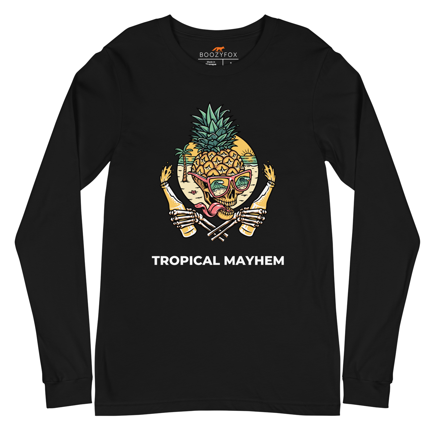 Black Tropical Mayhem Long Sleeve Tee featuring a Crazy Pineapple Skull graphic on the chest - Funny Pineapple Long Sleeve Graphic Tees - Boozy Fox