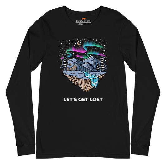 Black Let's Get Lost Long Sleeve Tee featuring a mesmerizing night sky, adorned with stars and aurora borealis graphic on the chest - Cool Northern Lights Long Sleeve Graphic Tees - Boozy Fox