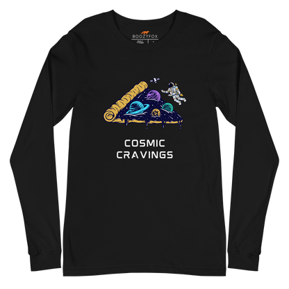 Black Cosmic Cravings Long Sleeve Tee featuring an Astronaut Exploring a Pizza Universe graphic on the chest - Funny Space Long Sleeve Graphic Tees - Boozy Fox