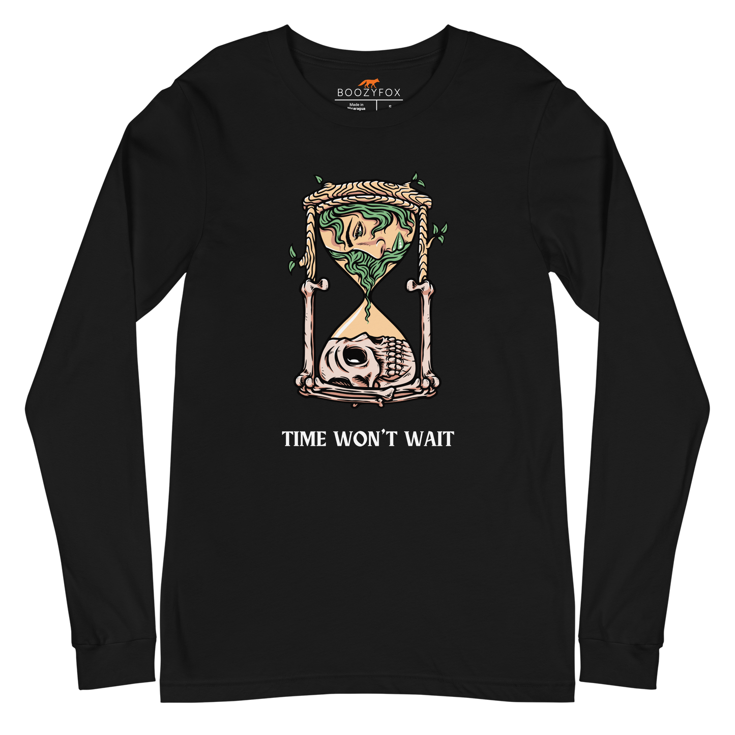Black Hourglass Long Sleeve Tee featuring a captivating Time Won't Wait graphic on the chest - Cool Hourglass Long Sleeve Graphic Tees - Boozy Fox