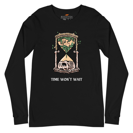 Black Hourglass Long Sleeve Tee featuring a captivating Time Won't Wait graphic on the chest - Cool Hourglass Long Sleeve Graphic Tees - Boozy Fox