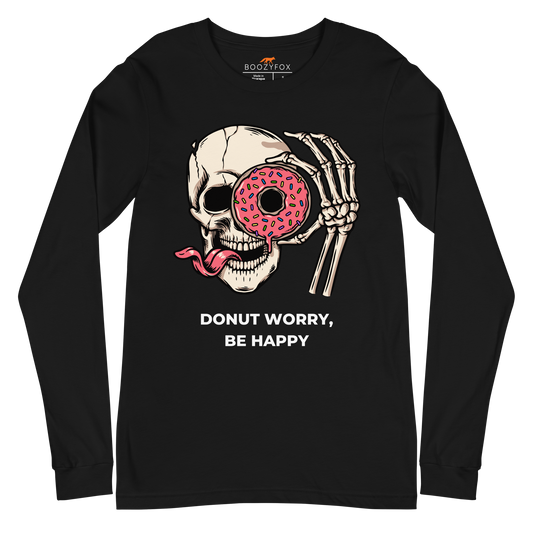 Black Donut Worry Be Happy Long Sleeve Tee featuring a cool Skeleton Savoring a Scrumptious Donut graphic on the chest - Funny Skeleton Long Sleeve Graphic Tees - Boozy Fox
