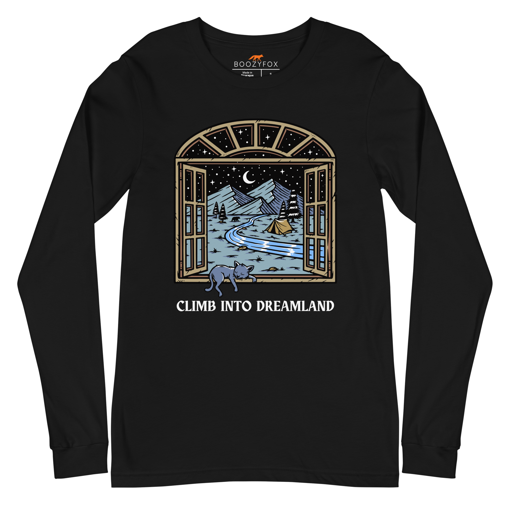 Black Climb Into Dreamland Long Sleeve Tee featuring a mesmerizing mountain view graphic on the chest - Cool Nature Long Sleeve Graphic Tees - Boozy Fox