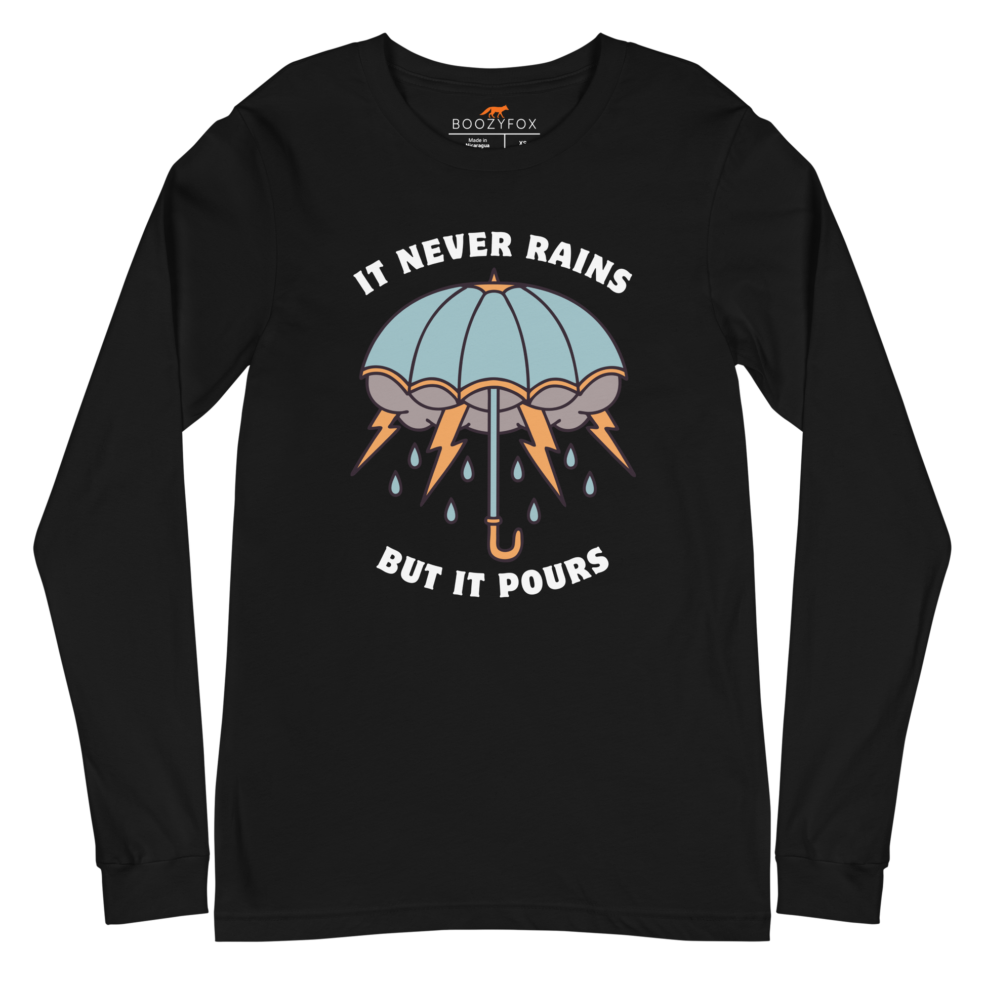 Black Umbrella Long Sleeve Tee featuring a unique It Never Rains But It Pours graphic on the chest - Cool Tattoo-Inspired Umbrella Long Sleeve Graphic Tees - Boozy Fox