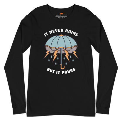 Black Umbrella Long Sleeve Tee featuring a unique It Never Rains But It Pours graphic on the chest - Cool Tattoo-Inspired Umbrella Long Sleeve Graphic Tees - Boozy Fox