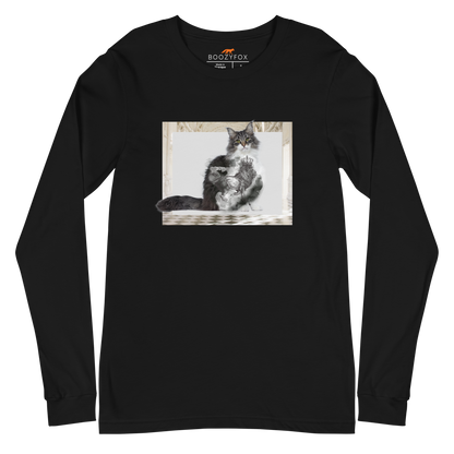 Black Royal Cat Long Sleeve Tee featuring a Majestic Cat graphic on the chest - Cute Cat Long Sleeve Graphic Tees - Boozy Fox