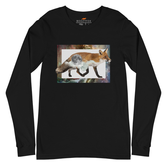 Black Fox Long Sleeve Tee featuring a mesmerizing Space Fox graphic on the chest - Cool Fox Long Sleeve Graphic Tees - Boozy Fox