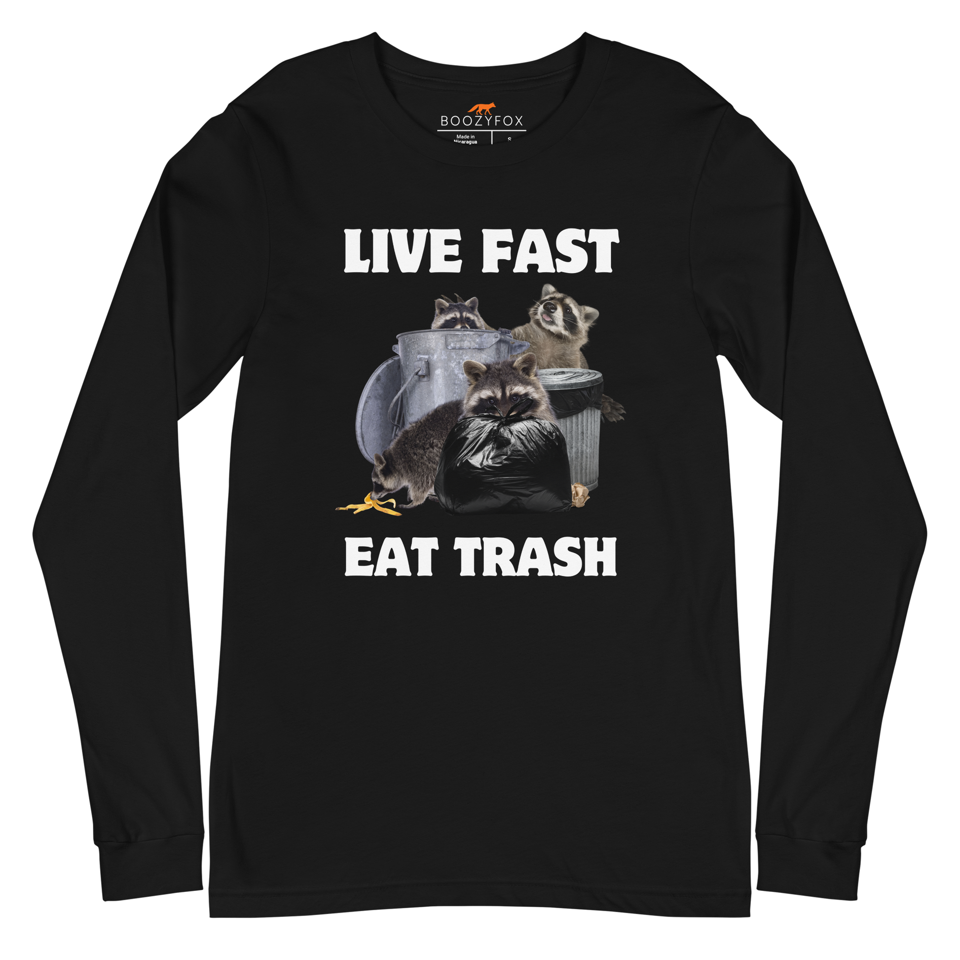 Black Raccoon Long Sleeve Tee featuring a funny Live Fast Eat Trash graphic on the chest - Funny Raccoon Long Sleeve Graphic Tees - Boozy Fox
