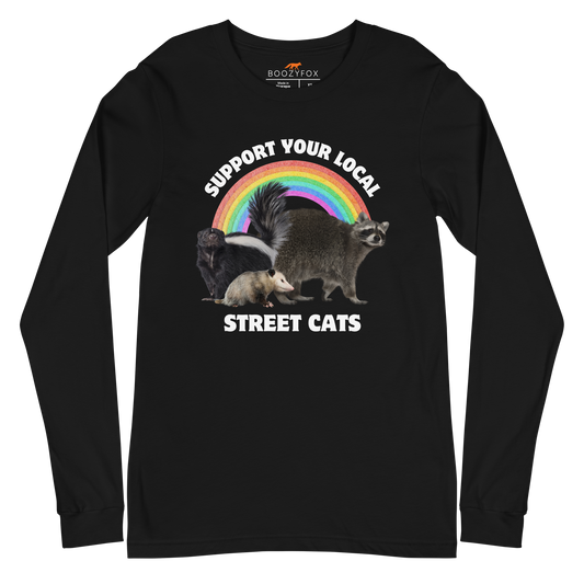 Black Street Cats Long Sleeve Tee featuring a funny 'Support Your Local Street Cats' graphic on the chest - Funny Animal Long Sleeve Graphic Tees - Boozy Fox