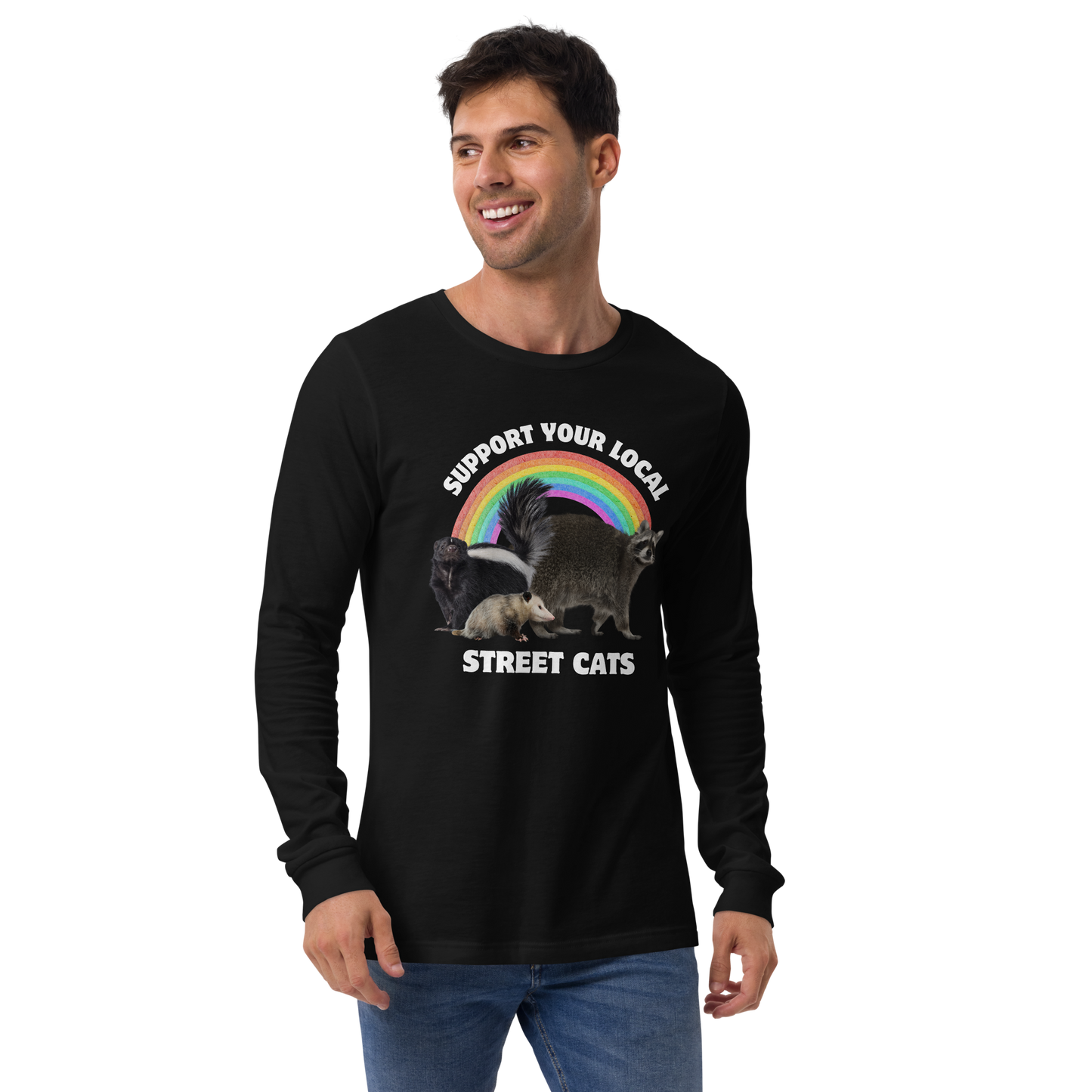 Smiling man wearing a Black Support Your Local Street Cats Long Sleeve Tee - Boozy Fox