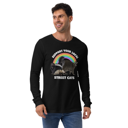 Smiling man wearing a Black Support Your Local Street Cats Long Sleeve Tee - Boozy Fox