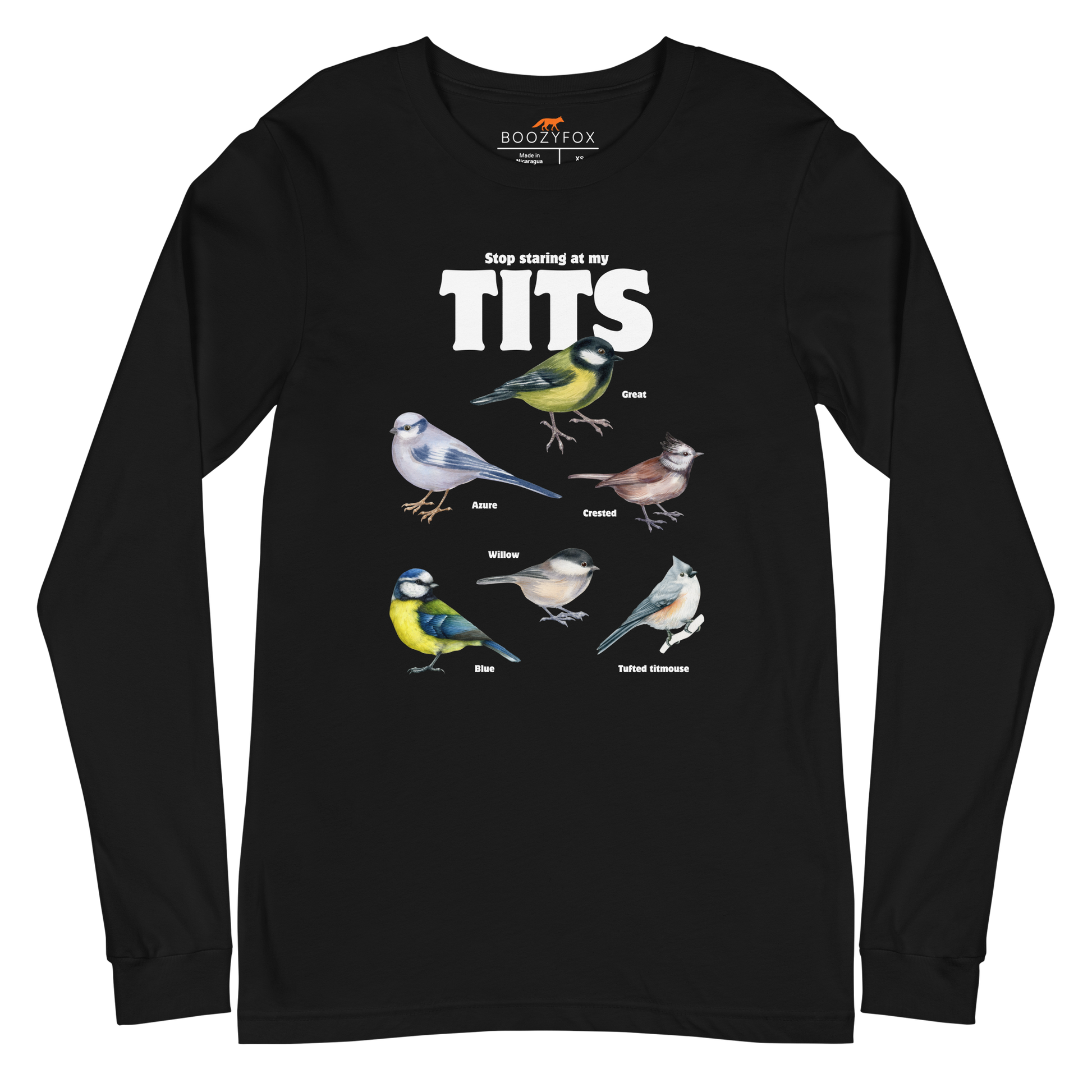 Black Tit Long Sleeve Tee featuring a funny Stop Staring At My Tits graphic on the chest - Funny Tit Bird Long Sleeve Graphic Tees - Boozy Fox