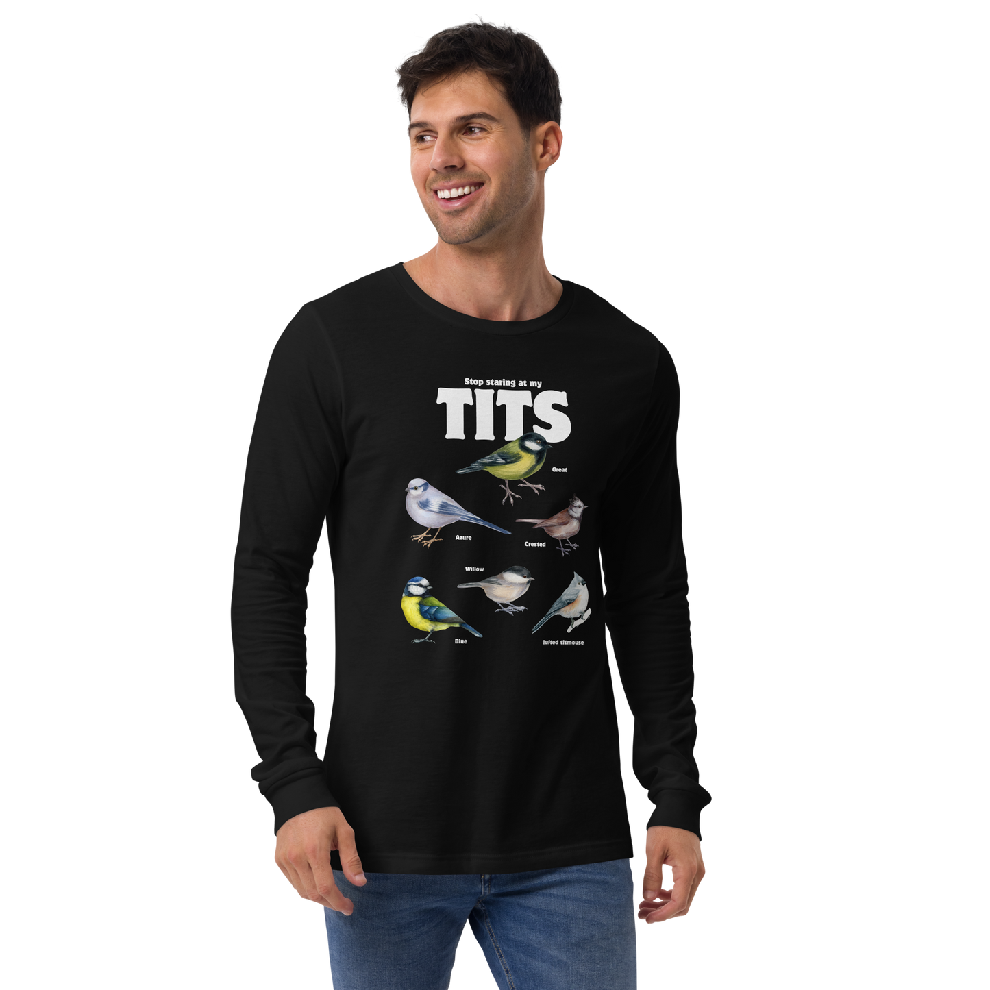 Smiling man wearing a Black Tit Long Sleeve Tee featuring a funny Stop Staring At My Tits graphic on the chest - Funny Tit Bird Long Sleeve Graphic Tees - Boozy Fox