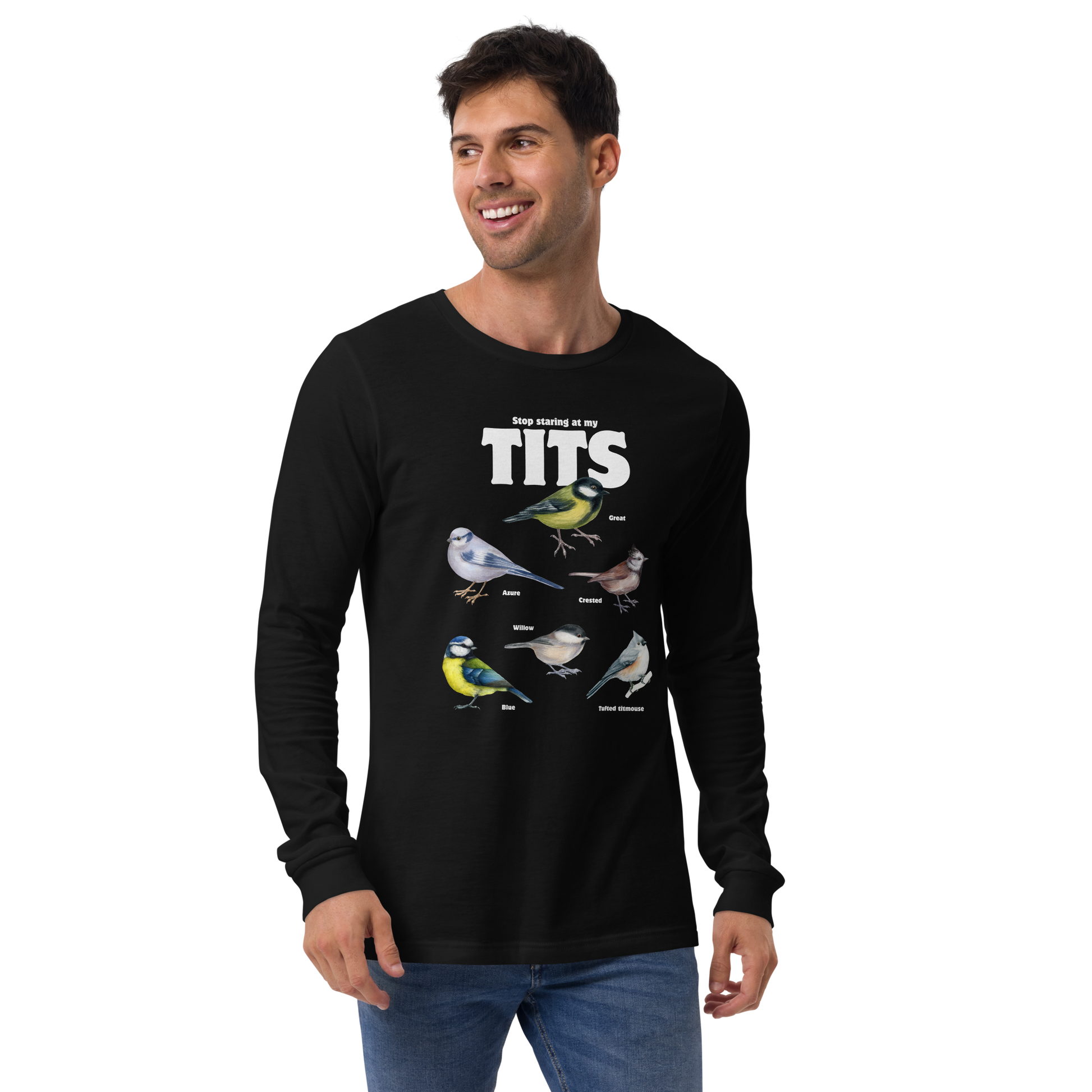 Smiling man wearing a Black Tit Long Sleeve Tee featuring a funny Stop Staring At My Tits graphic on the chest - Funny Tit Bird Long Sleeve Graphic Tees - Boozy Fox