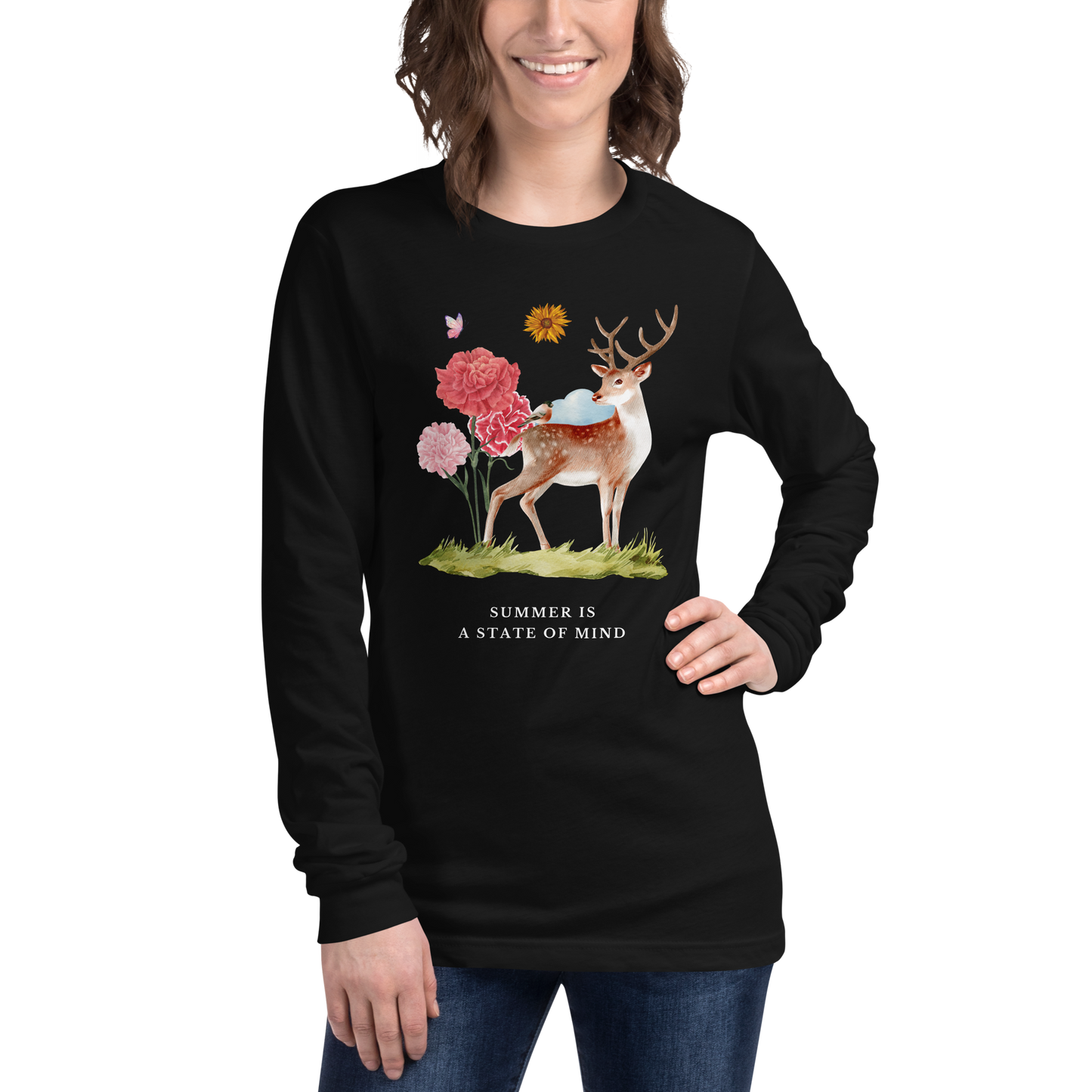 Woman wearing a Black Summer Is a State of Mind Long Sleeve Tee featuring a Summer Is a State of Mind graphic on the chest - Cute Summer Long Sleeve Graphic Tees - Boozy Fox
