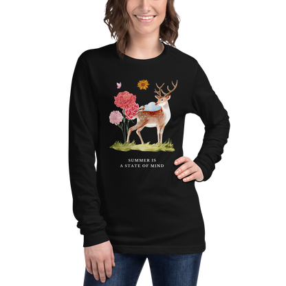 Woman wearing a Black Summer Is a State of Mind Long Sleeve Tee featuring a Summer Is a State of Mind graphic on the chest - Cute Summer Long Sleeve Graphic Tees - Boozy Fox