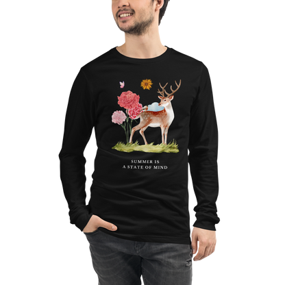 Man wearing a Black Summer Is a State of Mind Long Sleeve Tee featuring a Summer Is a State of Mind graphic on the chest - Cute Summer Long Sleeve Graphic Tees - Boozy Fox