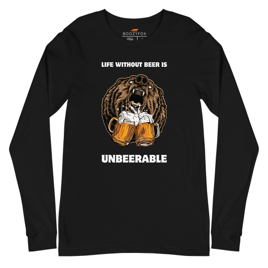 Black Bear Long Sleeve Tee featuring a Life Without Beer Is Unbeerable graphic on the chest - Funny Bear Long Sleeve Graphic Tees - Boozy Fox
