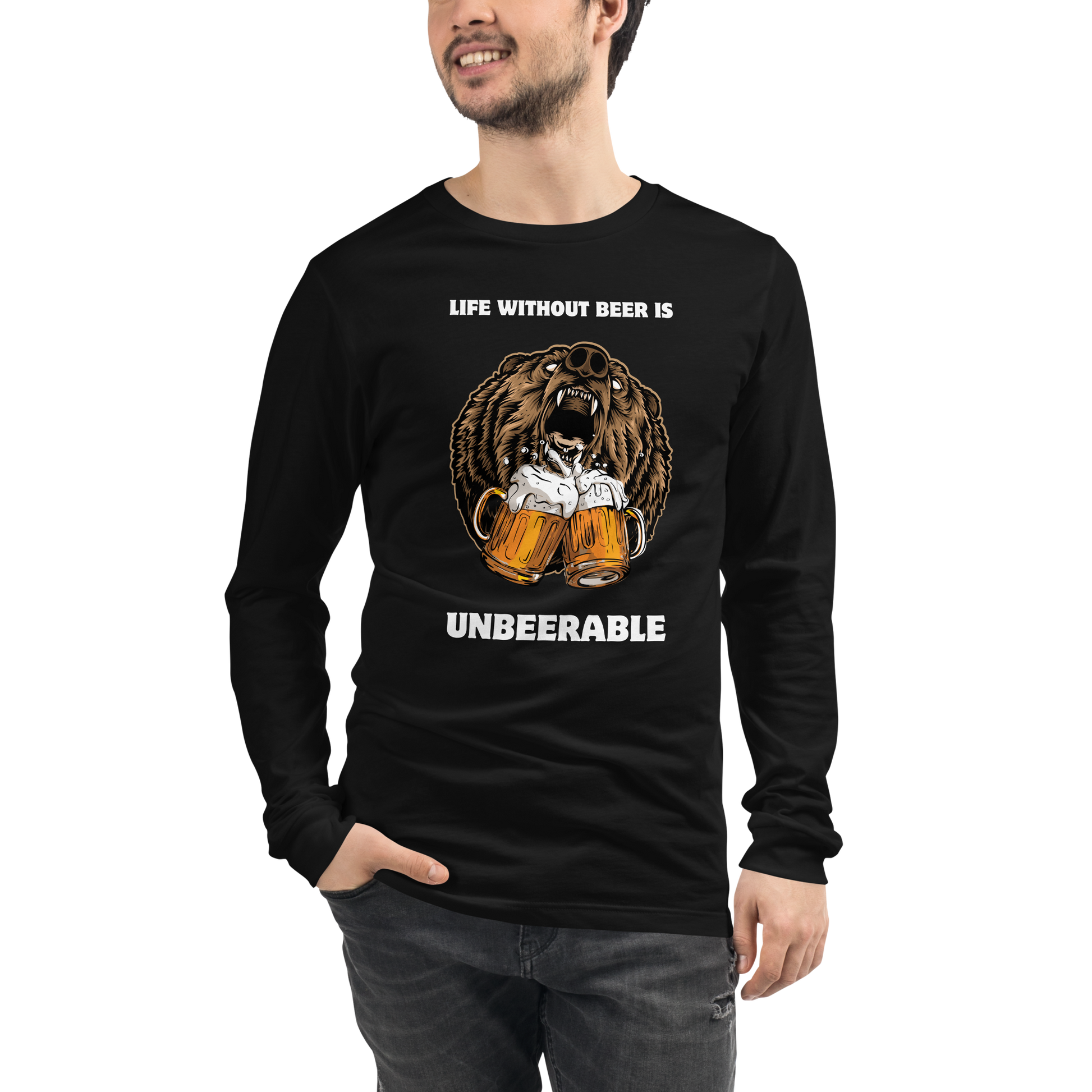 Man wearing a Black Bear Long Sleeve Tee featuring a Life Without Beer Is Unbeerable graphic on the chest - Funny Bear Long Sleeve Graphic Tees - Boozy Fox