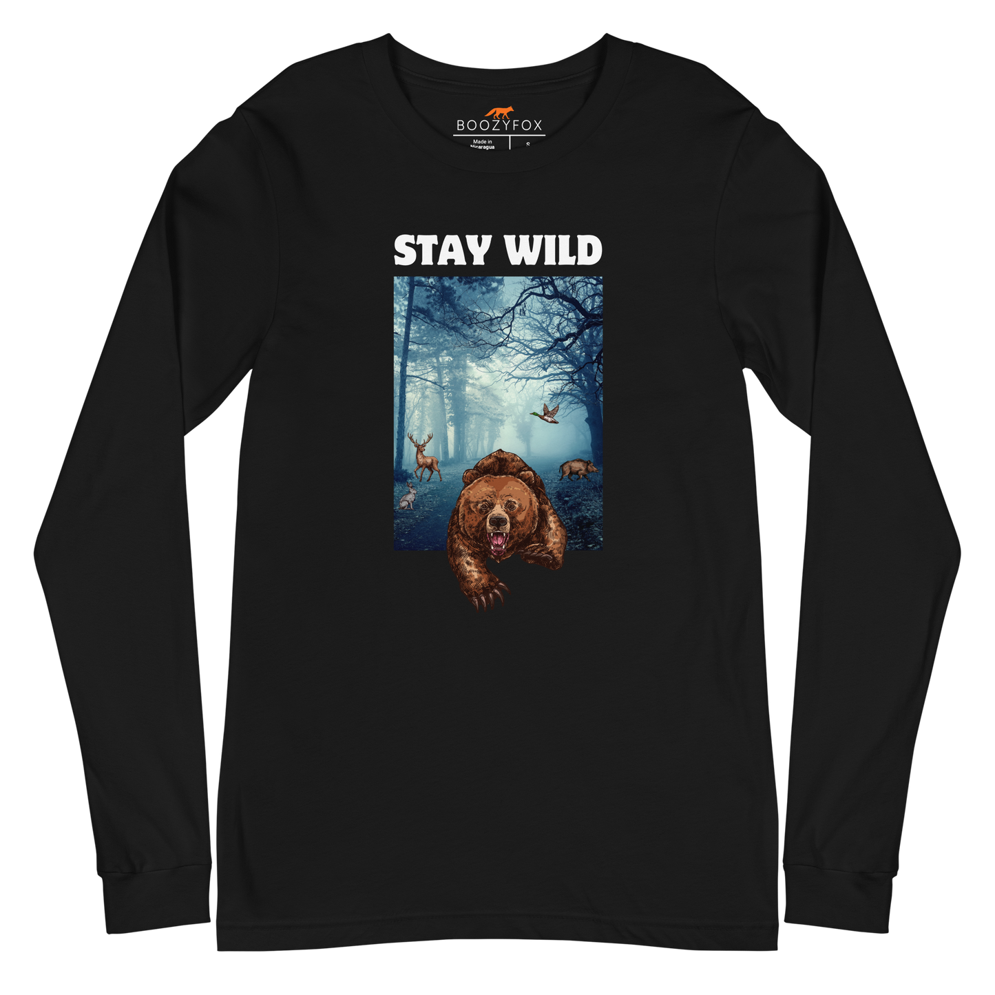 Black Bear Long Sleeve Tee featuring a Stay Wild graphic on the chest - Cool Bear Long Sleeve Graphic Tees - Boozy Fox