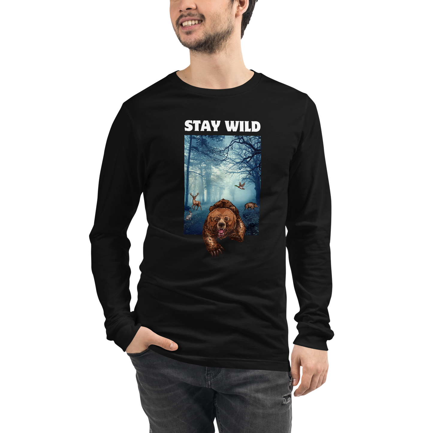 Man wearing a Black Bear Long Sleeve Tee featuring a Stay Wild graphic on the chest - Cool Bear Long Sleeve Graphic Tees - Boozy Fox