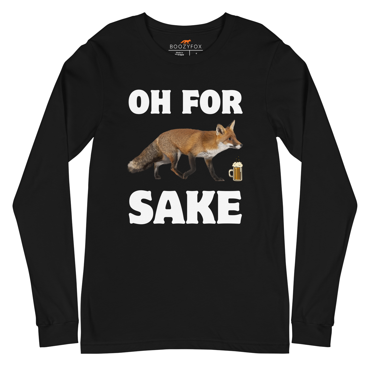 Black Fox Long Sleeve Tee featuring a Oh For Fox Sake graphic on the chest - Funny Fox Long Sleeve Graphic Tees - Boozy Fox