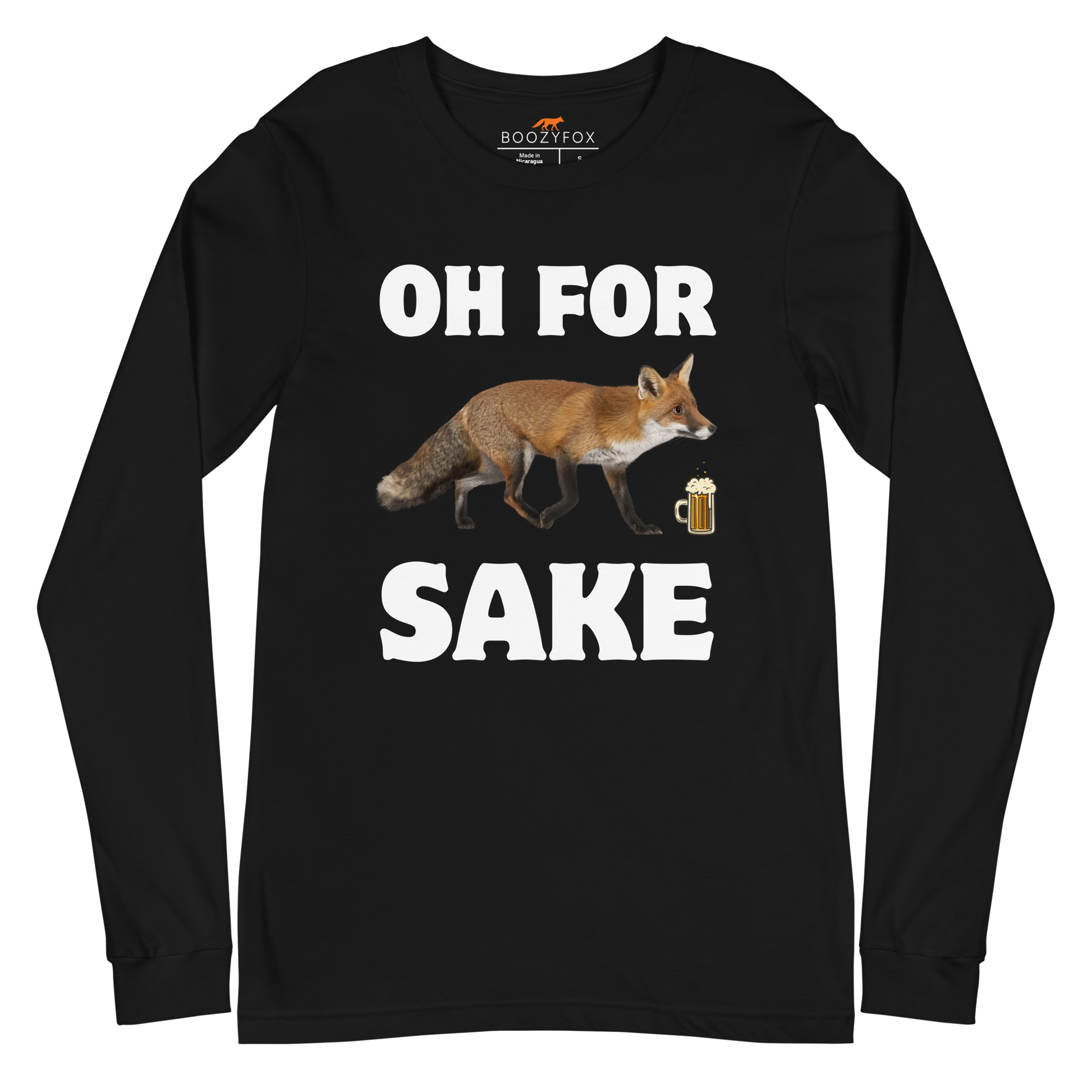 Black Fox Long Sleeve Tee featuring a Oh For Fox Sake graphic on the chest - Funny Fox Long Sleeve Graphic Tees - Boozy Fox