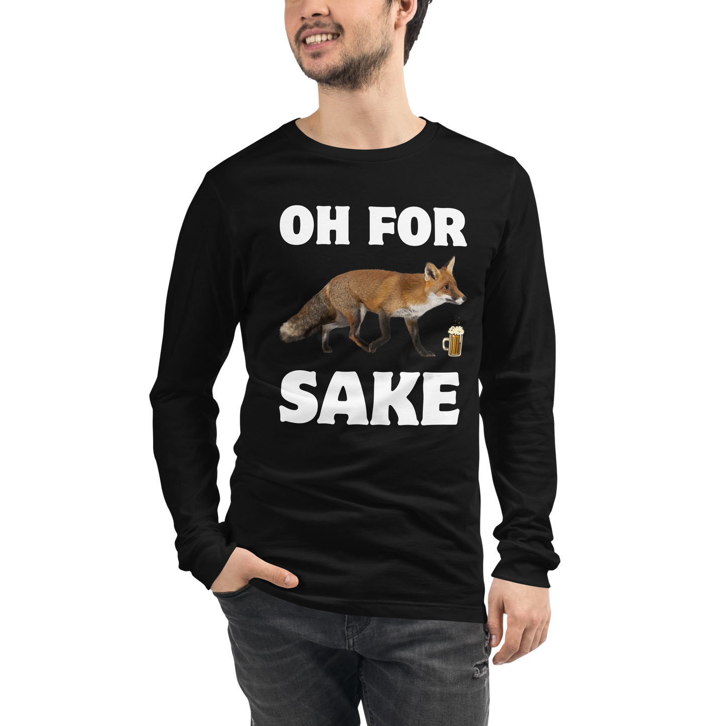 Man wearing a Black Fox Long Sleeve Tee featuring a Oh For Fox Sake graphic on the chest - Funny Fox Long Sleeve Graphic Tees - Boozy Fox