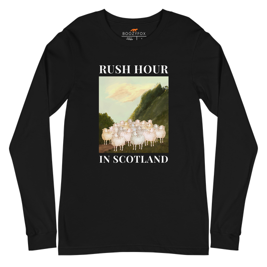 Black Sheep Long Sleeve Tee featuring a comical Rush Hour In Scotland graphic on the chest - Artsy/Funny Sheep Long Sleeve Graphic Tees - Boozy Fox